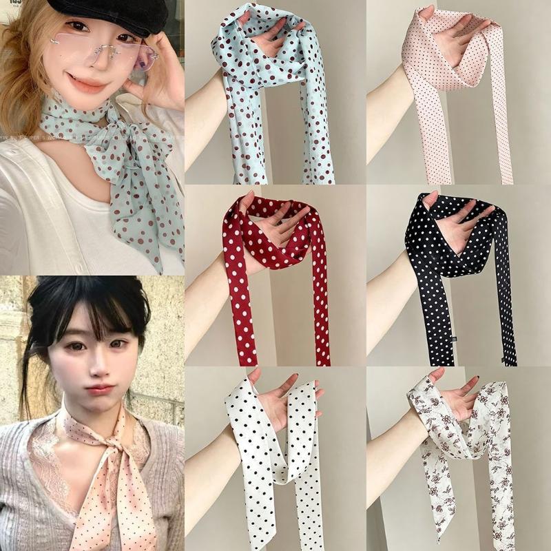 Face Scarf Mask - 폴카 도트 꽃무늬 프린트 실크 스카프
